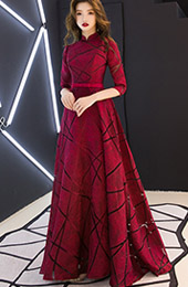 Wine Red A-Line Floor-length Qipao / Cheongsam Wedding Dress