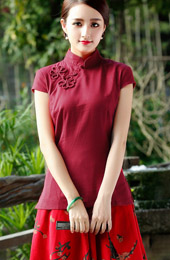 Green Red Short Sleeve Chinese Qipao / Cheongsam Shirt