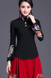 Embroidered Black White Qipao / Cheongsam Blouse Top