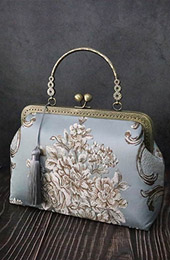Blue Woven Floral Chain Strap Top Handle Bag
