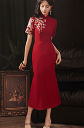Burgundy Embroidered Qipao / Cheongsam Wedding Dress with Ruffle Hem