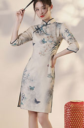 Winter Printed Floral Suede Qipao / Cheongsam Dress