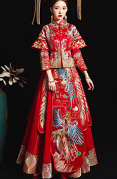 Red Gorgeous Embroidered Phoenix Wedding Qun Kwa