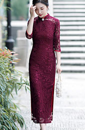 Red Floral Mother's Velvet Long Qipao / Cheongsam Dress