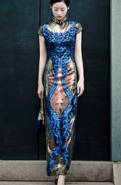 Blue Green Sequined Maxi Qipao / Cheongsam Party Dress