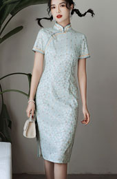 2021 Blue Yellow Lace Short Qipao / Cheongsam Dress