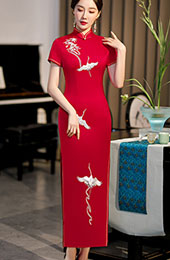Red Blue Embroidered Cranes Qipao / Cheongsam Dress