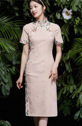 2021 Summer Embroidered Pink Qipao / Cheongsam Dress