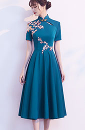 Blue A-Line Tea-Length Qipao / Cheongsam Party Dress
