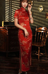 Bronzing Floral Red Ankle-Length Wedding Qipao / Cheongsam Dress