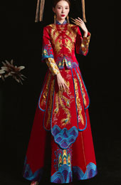 Red Embroidered Phoenix Traditional Wedding Qun Kwa