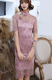 Pink Burgundy Illusion Lace Qipao / Cheongsam Wedding Dress