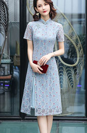 Floral Lace A-Line Midi Modern Cheongsam / Qipao Dress