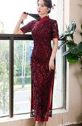 Bridal Mother's Red Floral Velvet Qipao / Cheongsam Dress