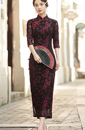 Mother's Red Floral Velvet Qipao / Cheongsam Maxi Dress
