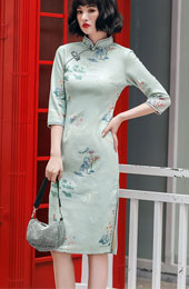Green Floral Suede Winter Qipao / Cheongsam Dress