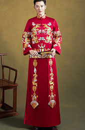 Red Embroidered Men Dragon Wedding Qun Kwa Jacket & Skirt