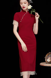 Red Beads Tassels Midi Tea Qipao / Cheongsam Dress