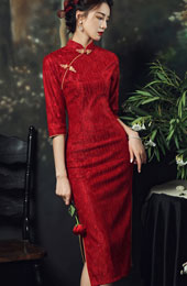 Red Lace Tea-Length Wedding Qipao / Cheongsam Dress