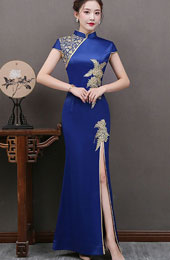 Blue Beaded Split Front Long Qipao / Cheongsam Dress