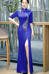 Blue Black Split Front Maxi Qipao / Cheongsam Prom Dress