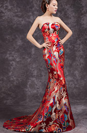 Red Mermaid Train Back Cheongsam Qipao Wedding Dress in Dragon Pattern