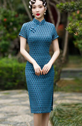 2022 Blue Lace Midi Qipao / Cheongsam Dress