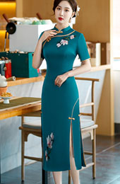 Green Black Mother's Embroidered Mid Tea Qipao / Cheongsam Dress