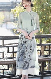 White Green Bamboo Print  A-Line Qipao / Cheongsam Dress