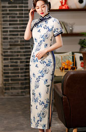 White and Blue Floral Print Qipao / Cheongsam Dress