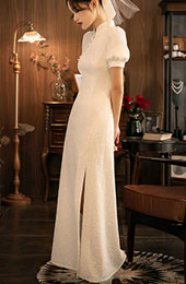 White Jacquard Thigh Split Wedding Qipao / Cheongsam Dress