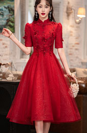 Red Appliques Tulle A-line Qipao / Cheongsam Dress