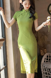 Green Jacquard Bamboo Mid Cheongsam / Qipao Dress