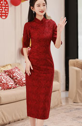 Winter Red Lace Midi Wedding Cheongsam / Qipao Dress