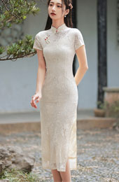 Ivory Floral Lace Tea Cheongsam / Qipao Dress