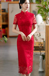 Plus Red Lace Engagement Qipao / Cheongsam Dress