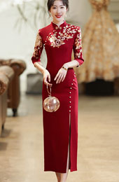 Burgundy Thigh Split Wedding Qipao / Cheongsam Dress