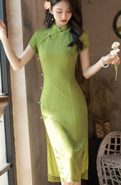 2023 Green Jacquard Bamboo Mid Qipao Cheongsam Dress
