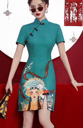 Blue Peking Opera Print Cheongsam Qipao Dress