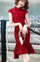 Red Sequined Lace Frill Hem Wedding Qipao Cheongsam Dress