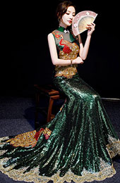 Green Sequined Phoenix Qipao / Cheongsam Gown with Mermaid Train