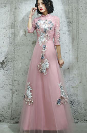 Pink Appliques Tulle Full Qipao Cheongsam Dress