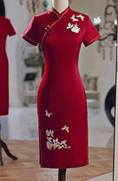 Bridal Mothers Red Embroidered Mid Qipao / Cheongsam Dress
