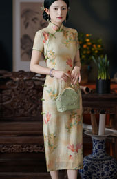 Chinese Painting Print Mid Qipao Cheongsam Dress