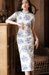 Blue and White Floral Midi Cheongsam Qipao Dress