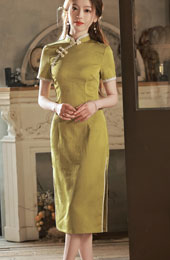 Yellow Jacquard Midi Cheongsam Qipao Dress