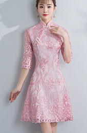 Bridesmaids Embroidered Lace A-Line Qipao Cheongsam Dress