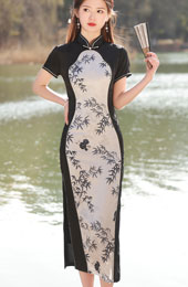 Color-block Bamboo Print Midi Cheongsam Qipao Dress