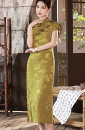 Green Jacquard Butterfly Cheongsam Qipao Dress