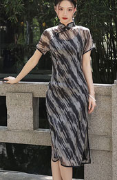 Black Green Stripe Print Summer Qipao Cheongsam Dress